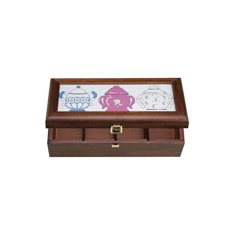Caja de madera para infusiones en color caoba Interior con pequeños  separadores de madera Tamaño: 29,5x12,5x8,5 cm
